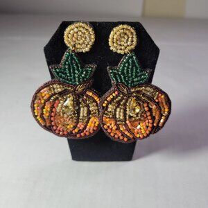 Handcrafted Beaded Pumpkin Statement Earrings Lightweight Festive Fall Jewelry